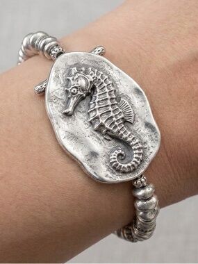 Seahorse Bracelet Large Sea Horse Stretch Cuff Nautical Ocean Silver Color Beach
